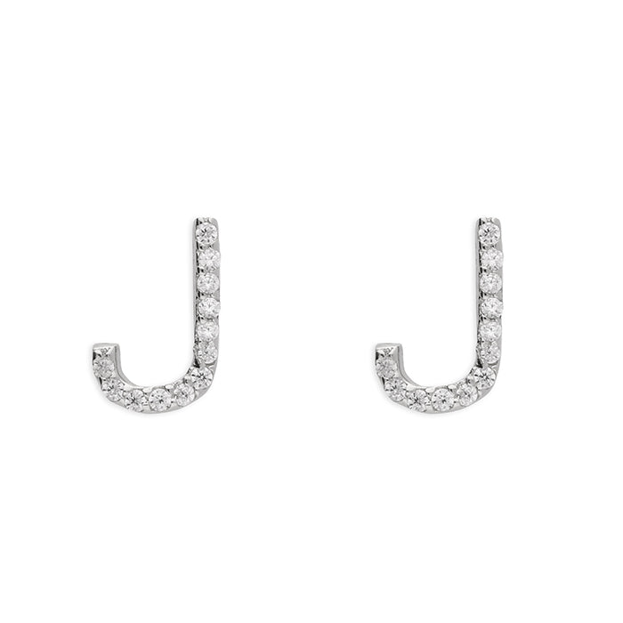 Sterling Silver Cubic Zirconia Alphabet Letter J Stud Earrings