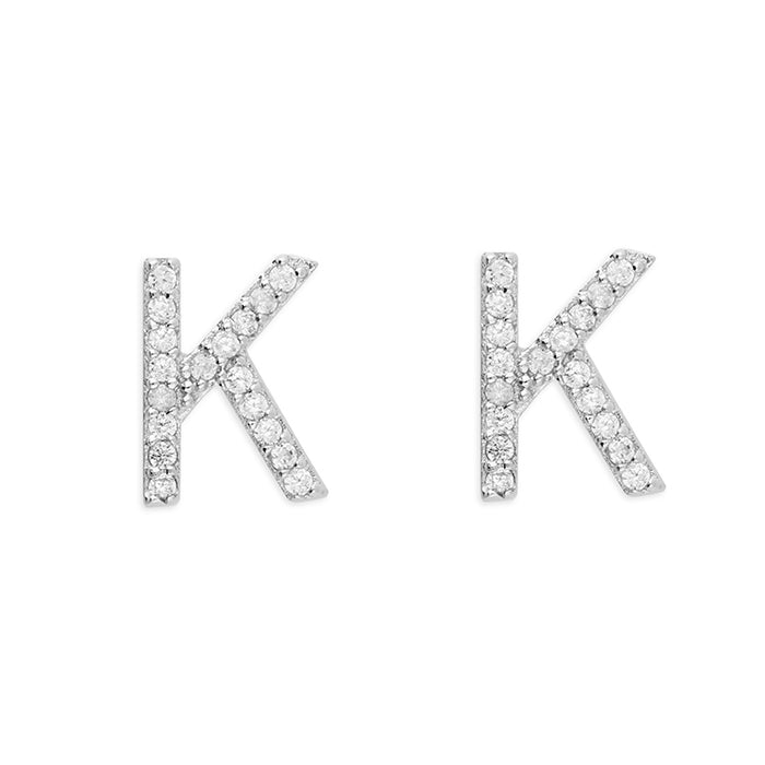 Sterling Silver Cubic Zirconia Alphabet Letter K Stud Earrings