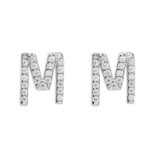 Sterling Silver Cubic Zirconia Alphabet Letter M Stud Earrings