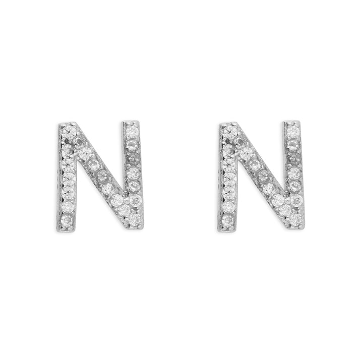 Sterling Silver Cubic Zirconia Alphabet Letter N Stud Earrings