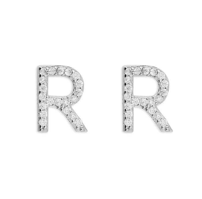 Sterling Silver Cubic Zirconia Alphabet Letter R Stud Earrings