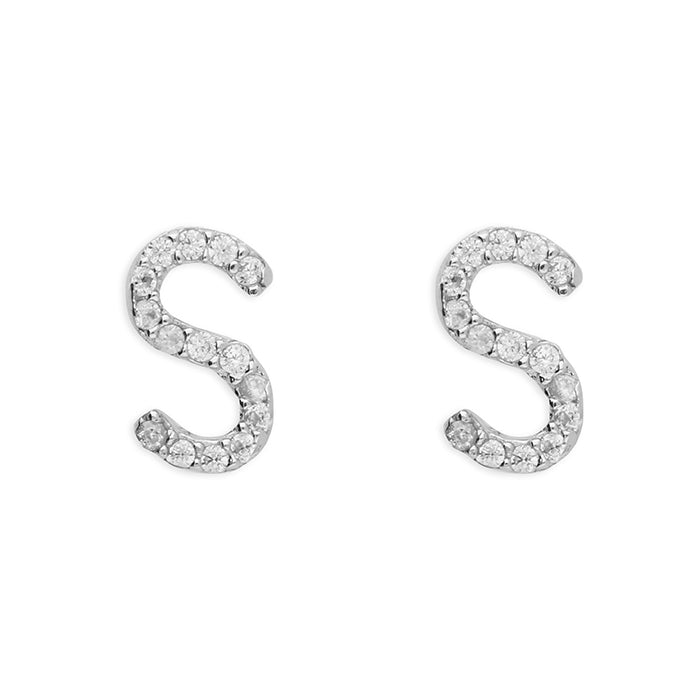 Sterling Silver Cubic Zirconia Alphabet Letter S Stud Earrings