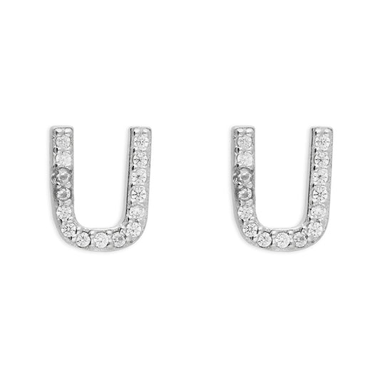 Sterling Silver Cubic Zirconia Alphabet Letter U Stud Earrings
