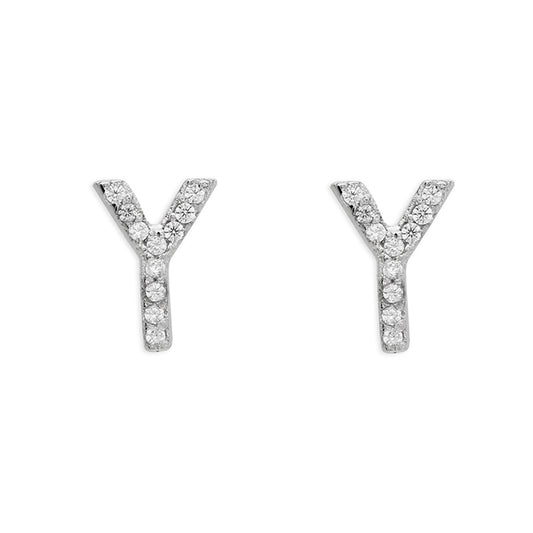 Sterling Silver Cubic Zirconia Alphabet Letter Y Stud Earrings