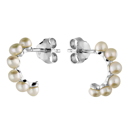 Sterling Silver Freshwater Pearl White Half Hoop Earrings