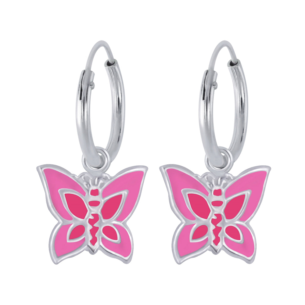 Children's Sterling Silver Pink Butterfly Hoop Earrings - Melchior Jewellery 