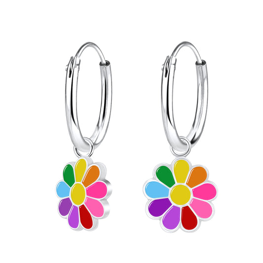 Children's Sterling Silver Multi Coloured Daisy Hoop Earrings