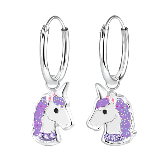 Children's Sterling Silver Purple Crystal Unicorn Hoop Earrings