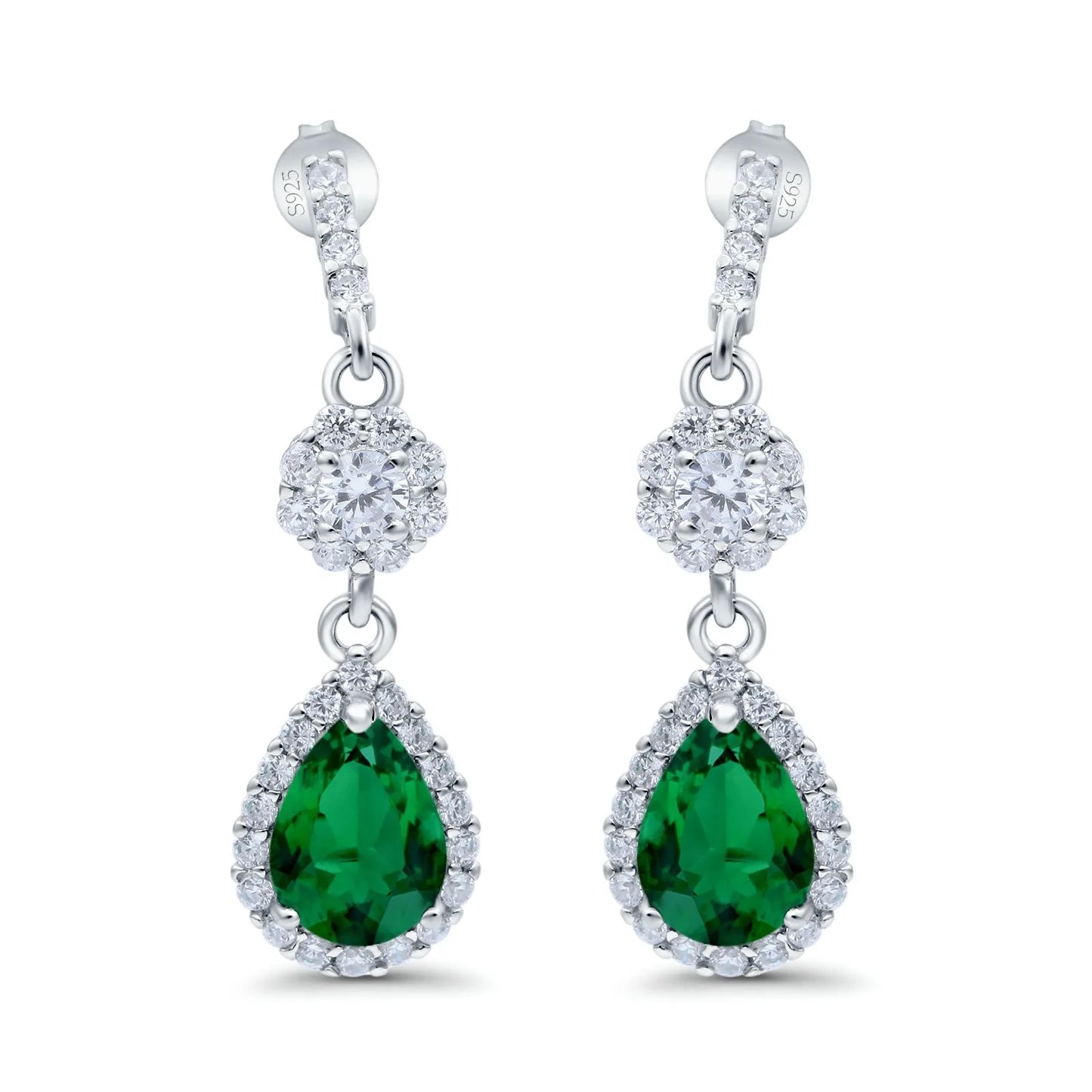 Sterling Silver CZ Emerald Pear Shaped Drop Earrings