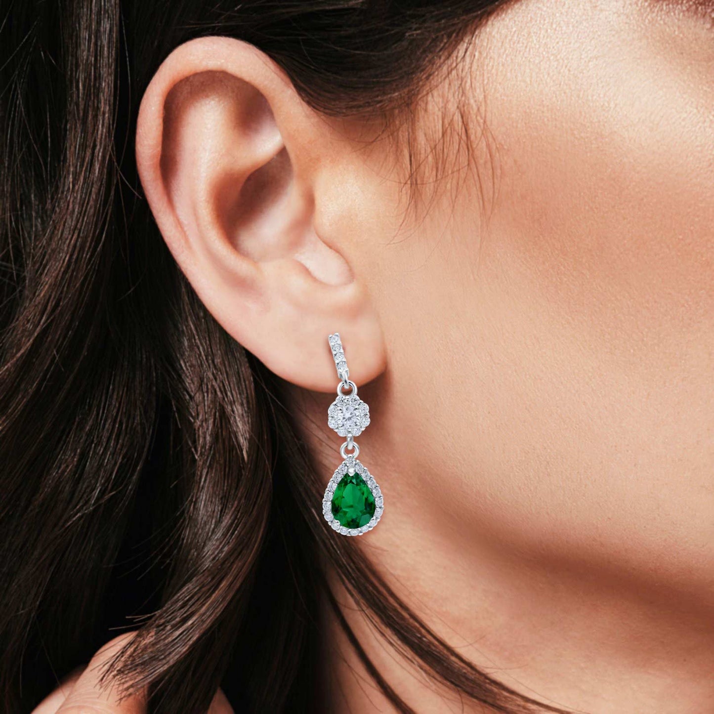 Sterling Silver CZ Emerald Pear Shaped Drop Earrings