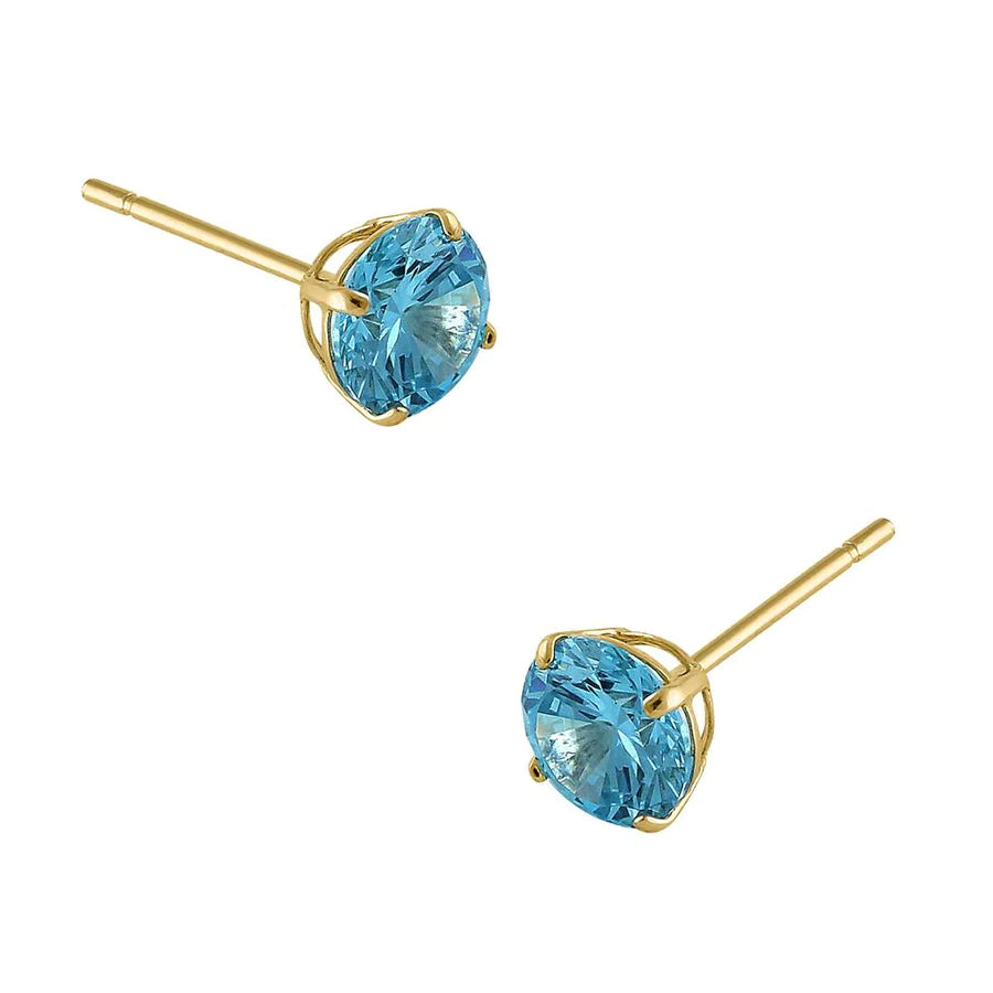 14K Yellow Gold 5mm Round Cut Blue Topaz CZ Earrings