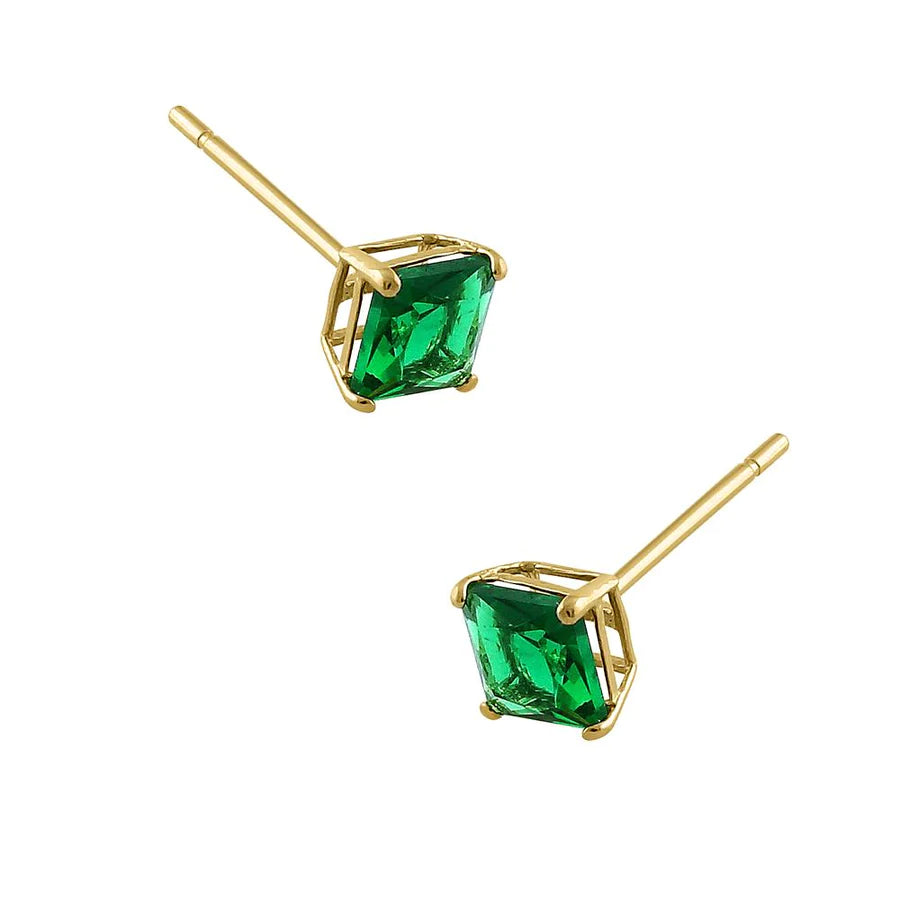 14K Yellow Gold 4mm Princess Cut Emerald CZ Earrings