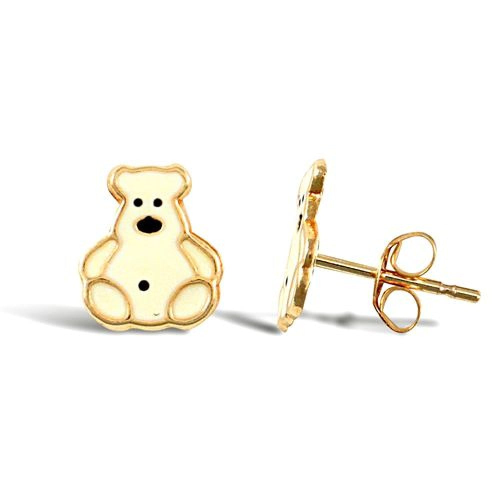 Children's 9ct Yellow Gold White Teddy Bear Stud Earrings - Melchior Jewellery 