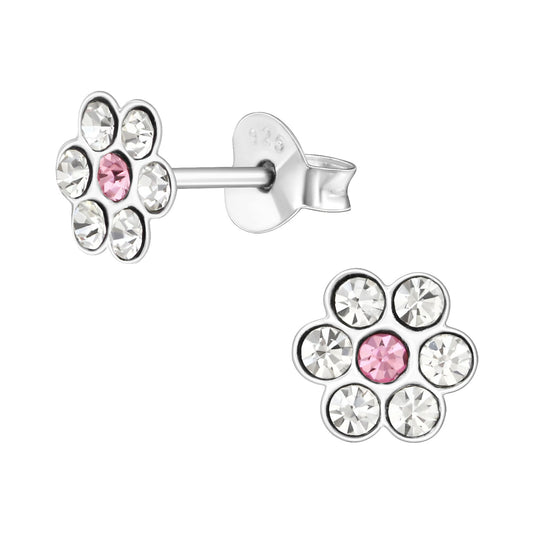 Children's Sterling Silver Clear Crystal Flower Stud Earrings