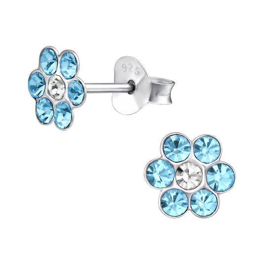 Children's Sterling Silver 6mm Aqua Flower Stud Earrings