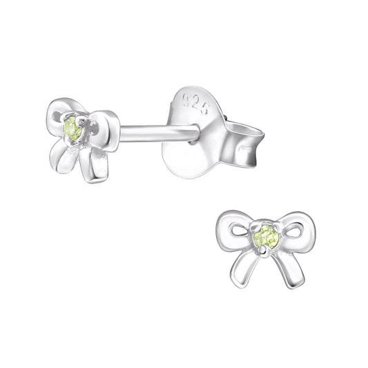 Children's Sterling Silver Tiny Bow August Birthstone Stud Earrings