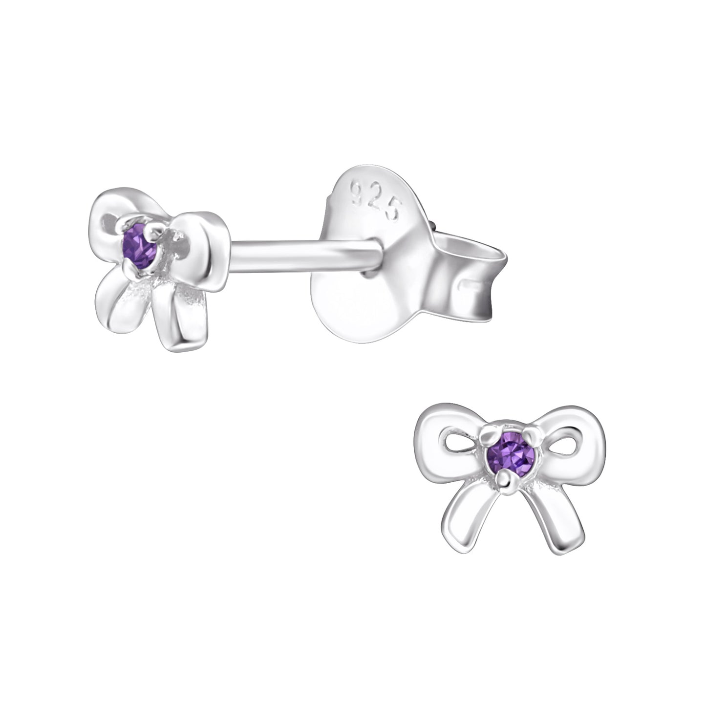 Children's Sterling Silver Tiny Bow February Birthstone Stud Earrings