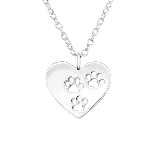 Sterling Silver Paw Print Heart Necklace