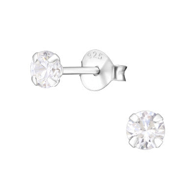 Children's Sterling Silver 4mm Clear Round Stud Earrings