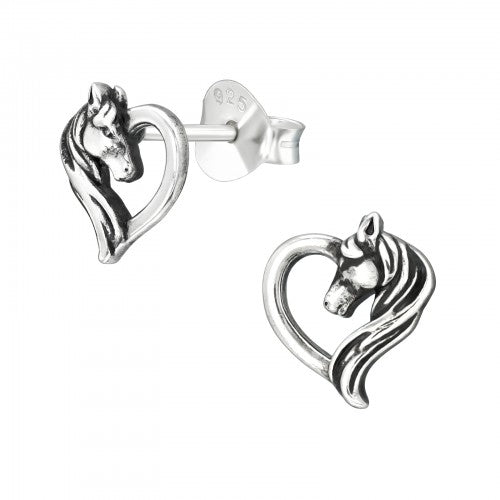 Children's Sterling Silver Heart With Horse Stud Earrings