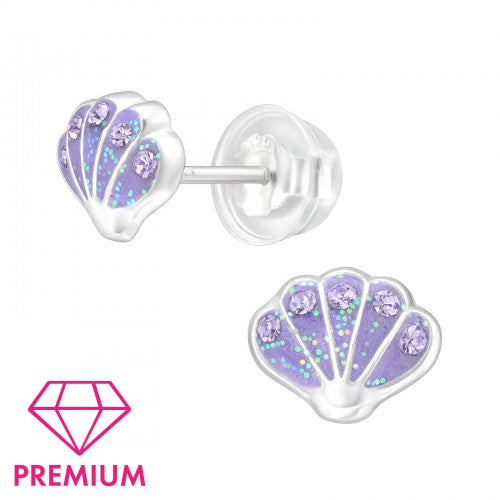 Children's Sterling Silver CZ Sparkly Purple Shell Stud Earrings