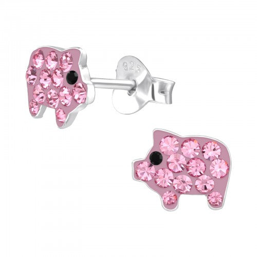 Children's Sterling Silver Pig Crystal Stud Earrings