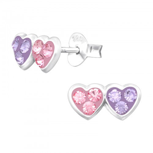 Children's Sterling Silver Crystal Double Heart Stud Earrings