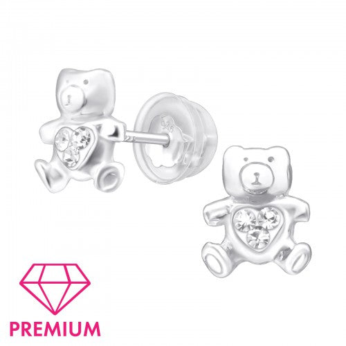 Children' Sterling Silver Clear Crystal Teddy Bear Stud Earrings