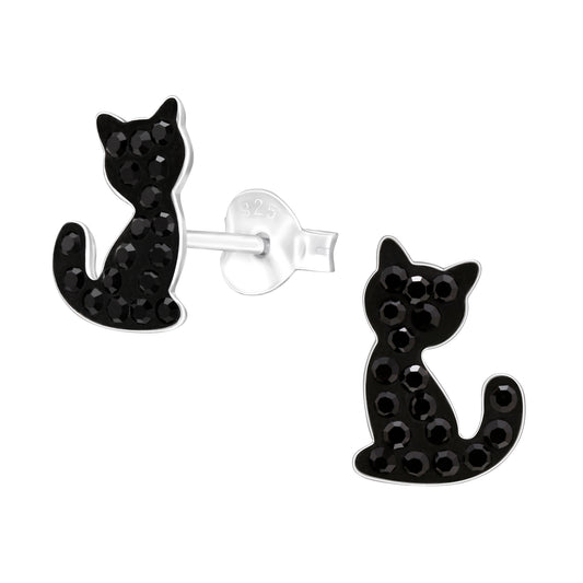 Sterling Silver Black Crystal Cat Stud Earrings