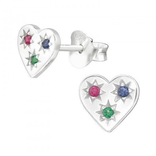 Children's Sterling Silver Colourful CZ Heart Ear Studs