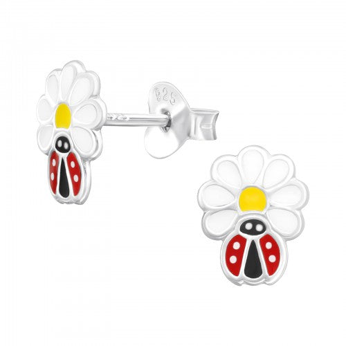 Children's Sterling Silver Flower Ladybird Stud Earrings