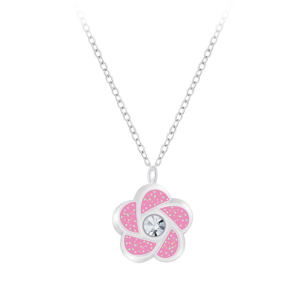Children's Sterling Silver Sparkly Pink Flower Necklace
