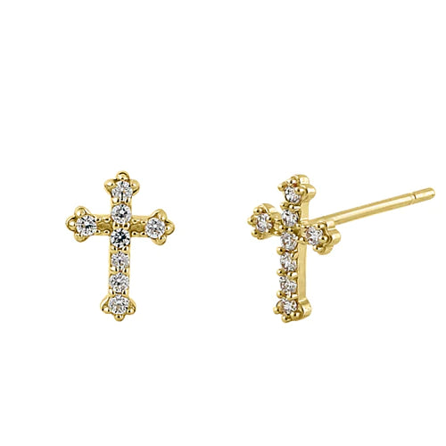 14K Yellow Gold Cross CZ Stud Earrings