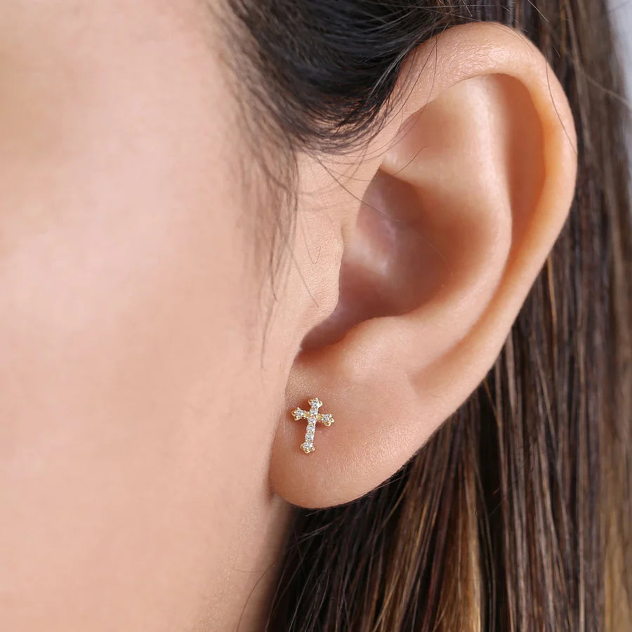 14K Yellow Gold Cross CZ Stud Earrings