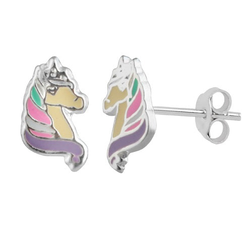 Children's Sterling Silver Multi Coloured Unicorn Stud Earrings