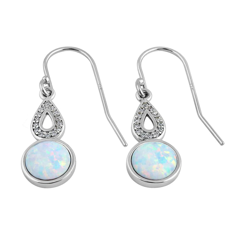 Sterling Silver White Opal Semi Sphere CZ Twist drop Earrings October Birthstone