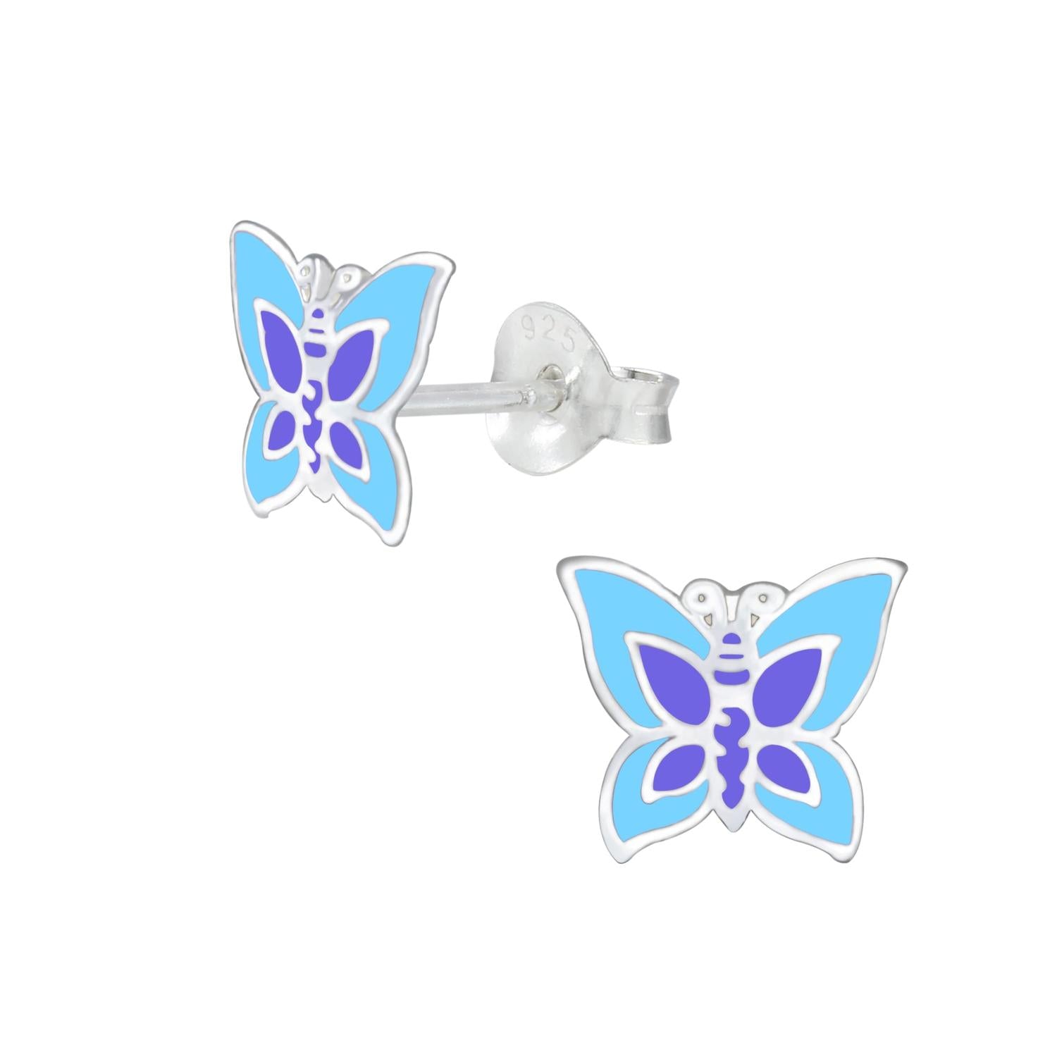 Melchior Jewellery blue butterfly earrings for children in silver with vibrant blue and purple enamel detailing