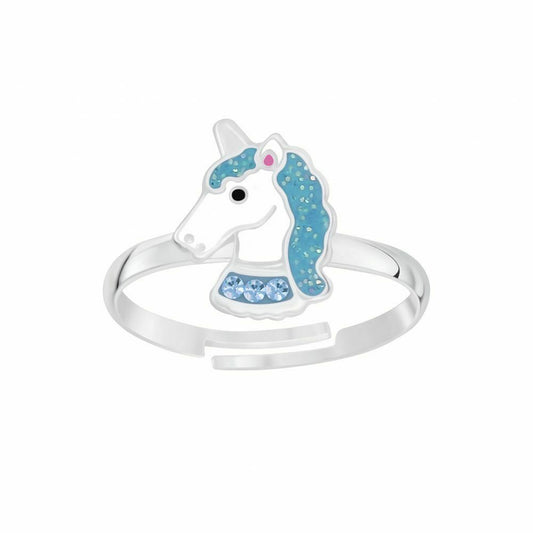 Blue unicorn silver ring for girls by Melchior Jewellery featuring a sparkling blue mane design