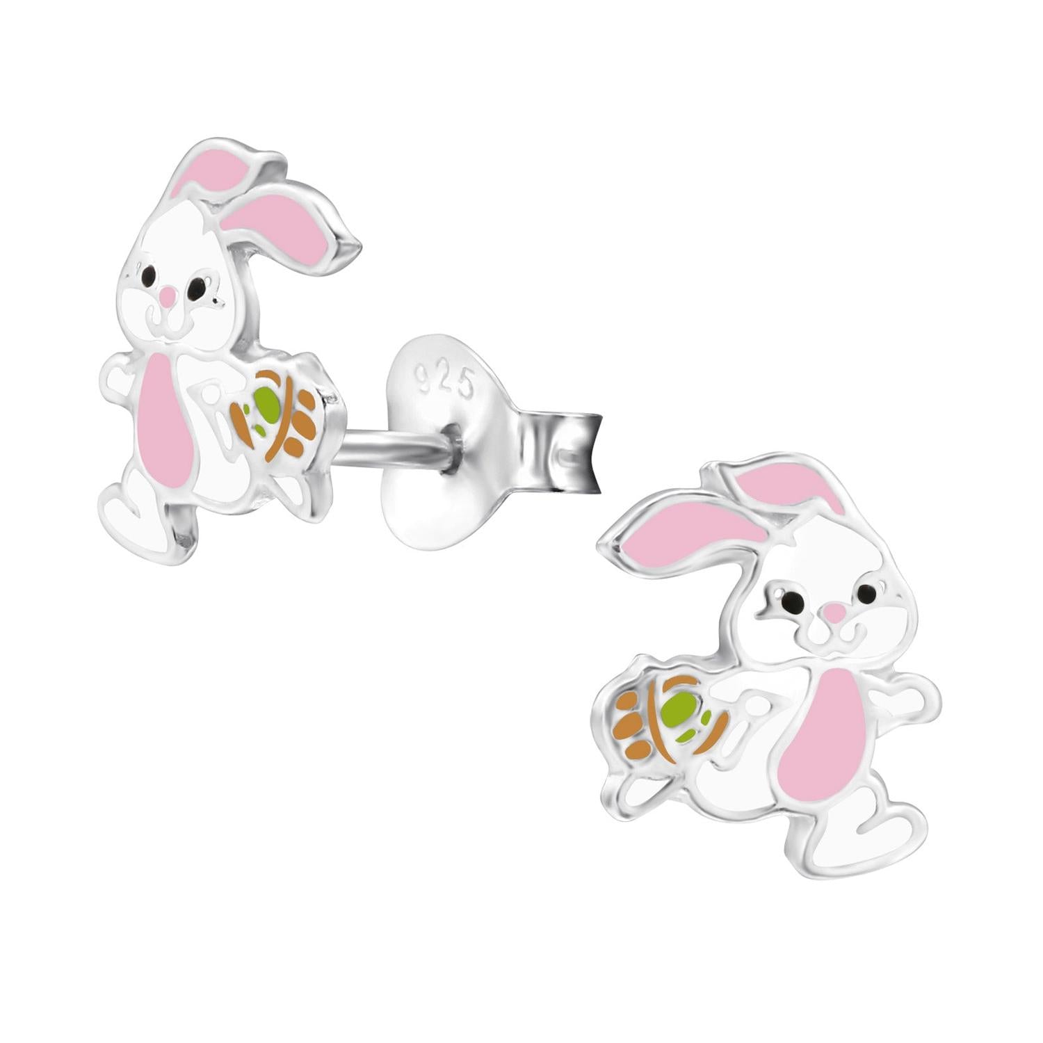 Silver childrens bunny rabbit earrings with pink ears and belly, featuring green and orange carrot details