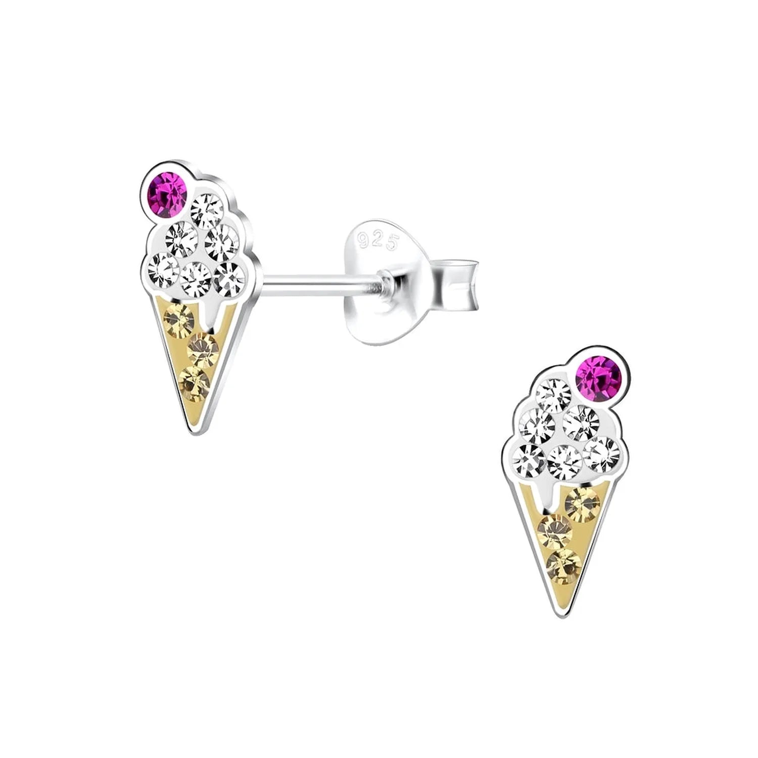 Childrens Crystal Ice Cream Ear Stud earrings by Melchior Jewellery with clear crystals and a pink crystal on gold cone