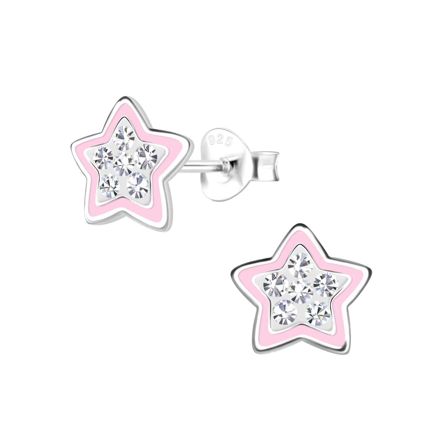 Melchior Jewellery childrens pink crystal star earrings with silver outline and sparkling clear crystals