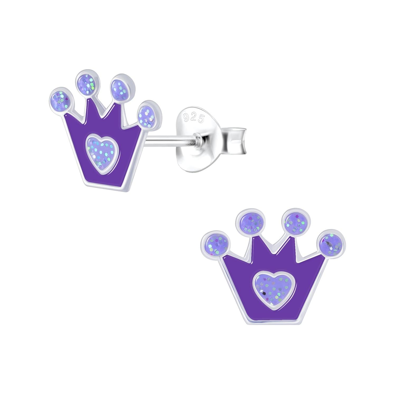 Childrens Silver Princess Crown Stud Earrings in purple with sparkly blue heart and dots detail by Melchior Jewellery