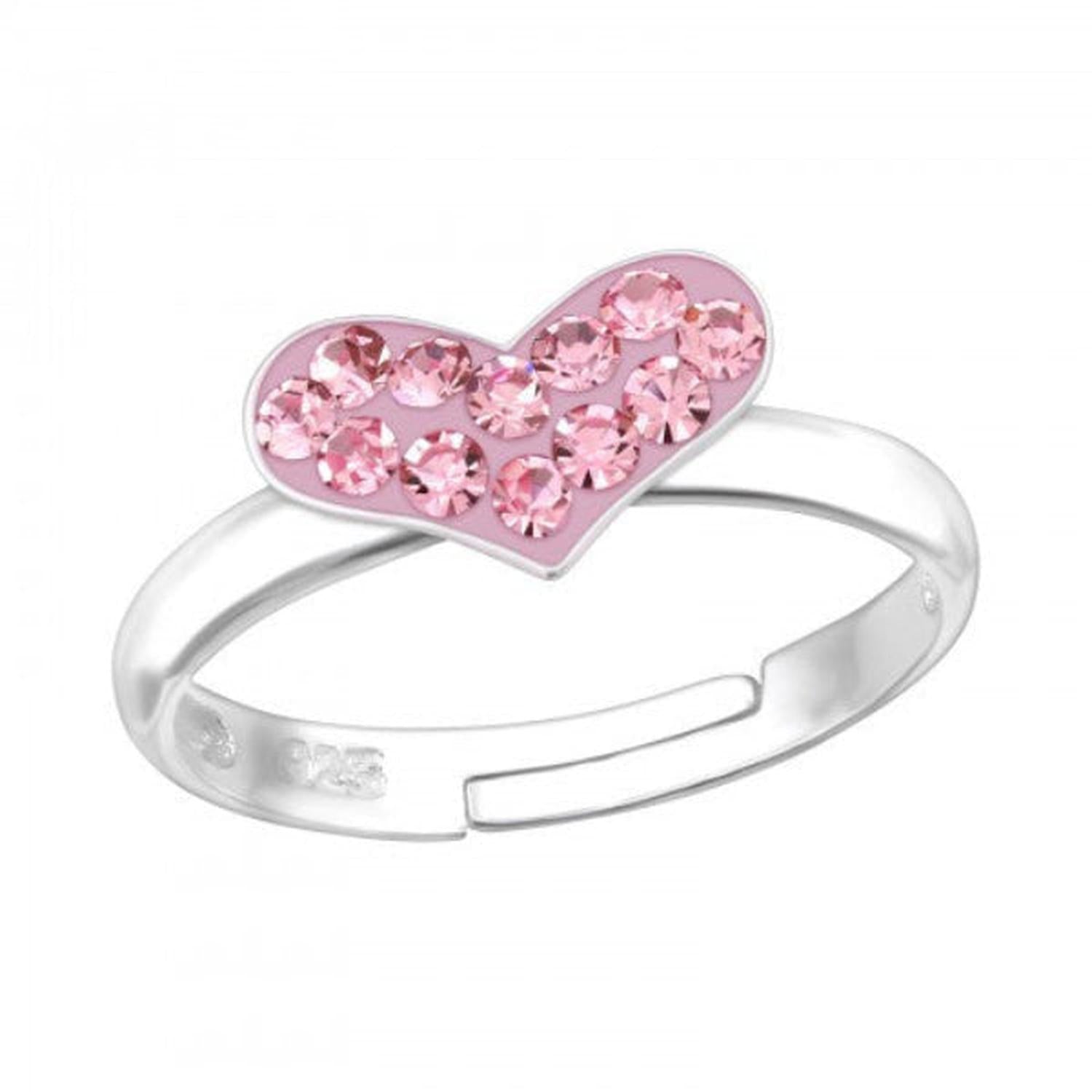 Silver adjustable ring with pink enamel heart decorated with sparkling pink crystals girls pink crystal heart ring