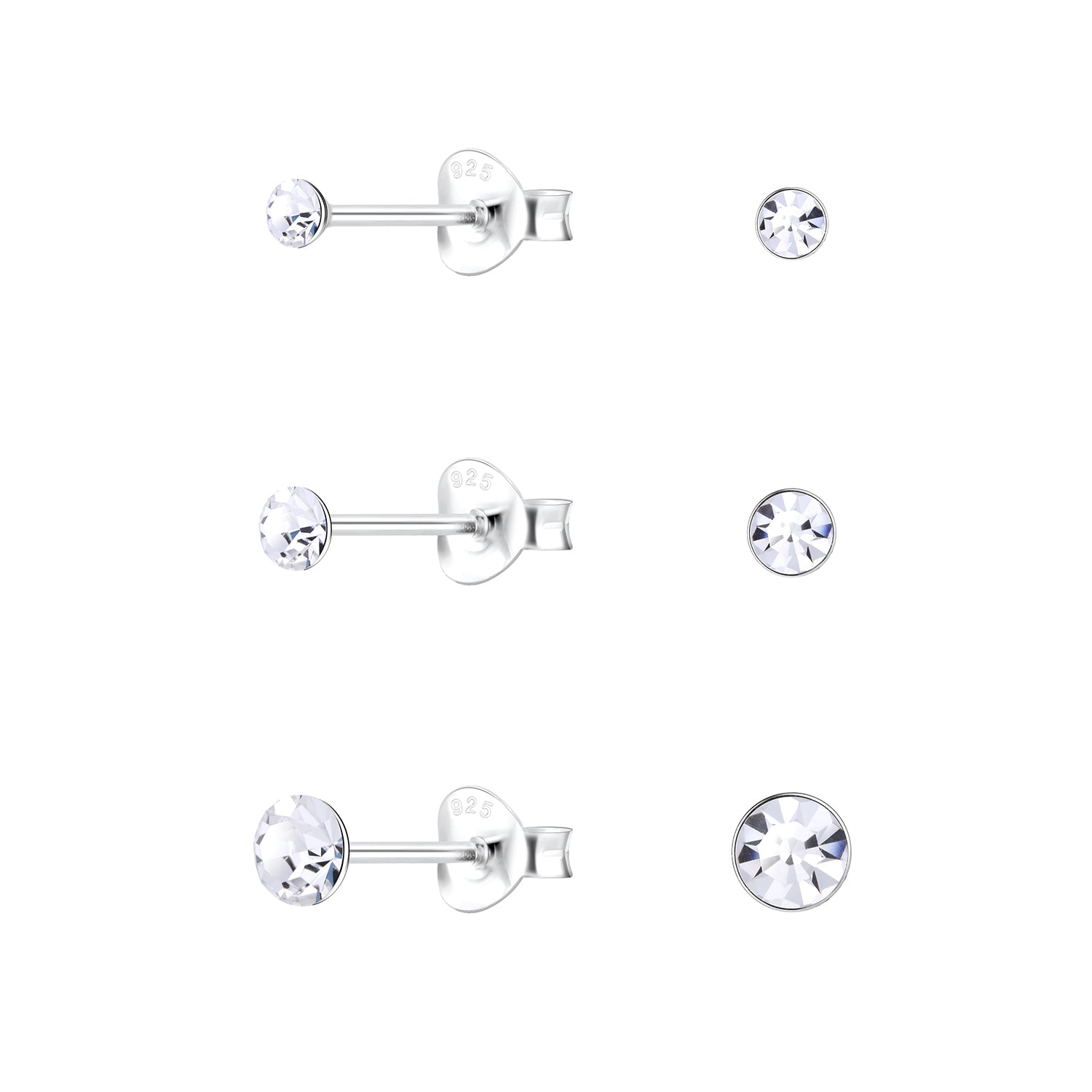 Melchior Jewellery round crystal stud earrings set in three sizes with clear sparkling crystals and silver posts