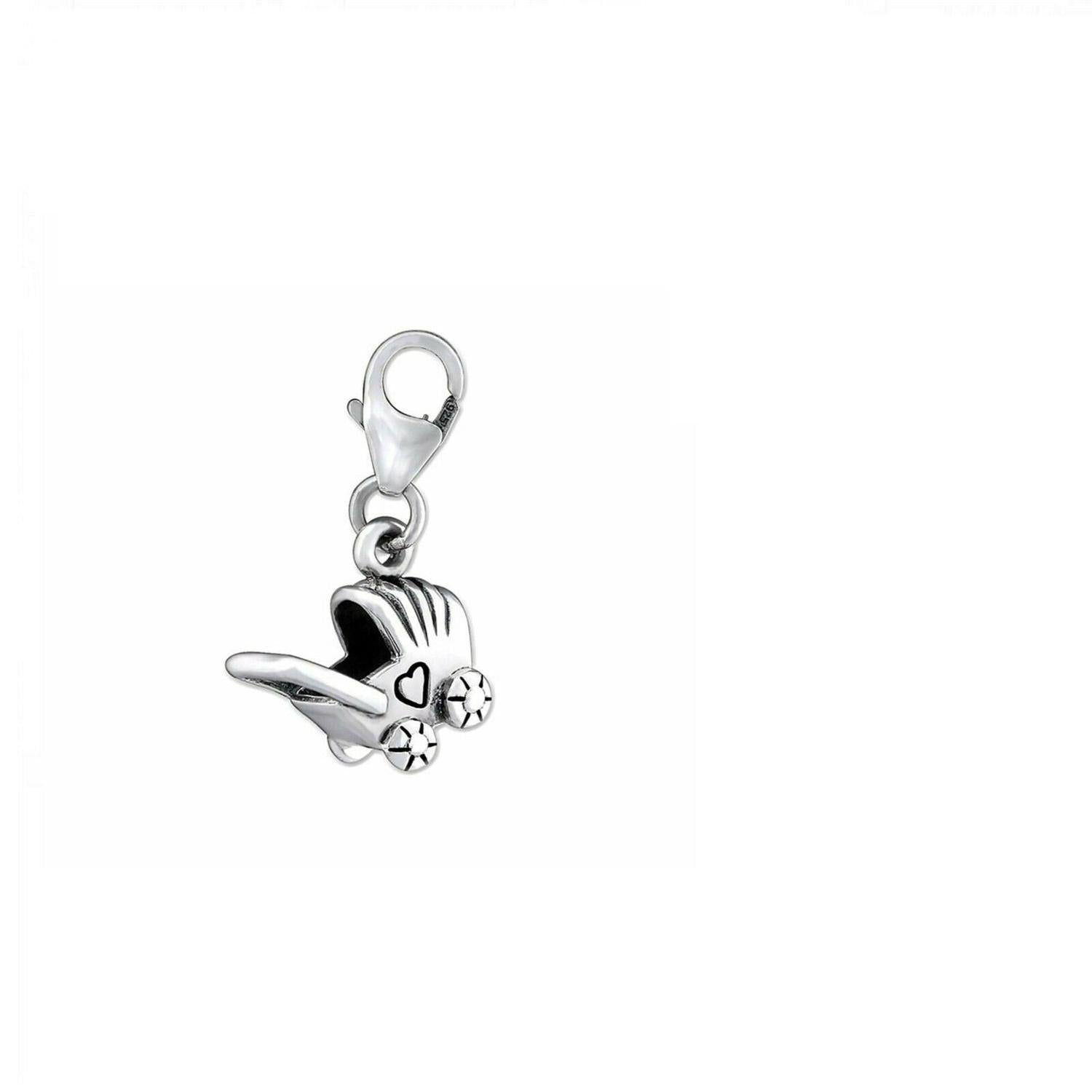 Silver Baby Pram Charm Pendant by Melchior Jewellery featuring detailed wheels and heart cutout clip on charm