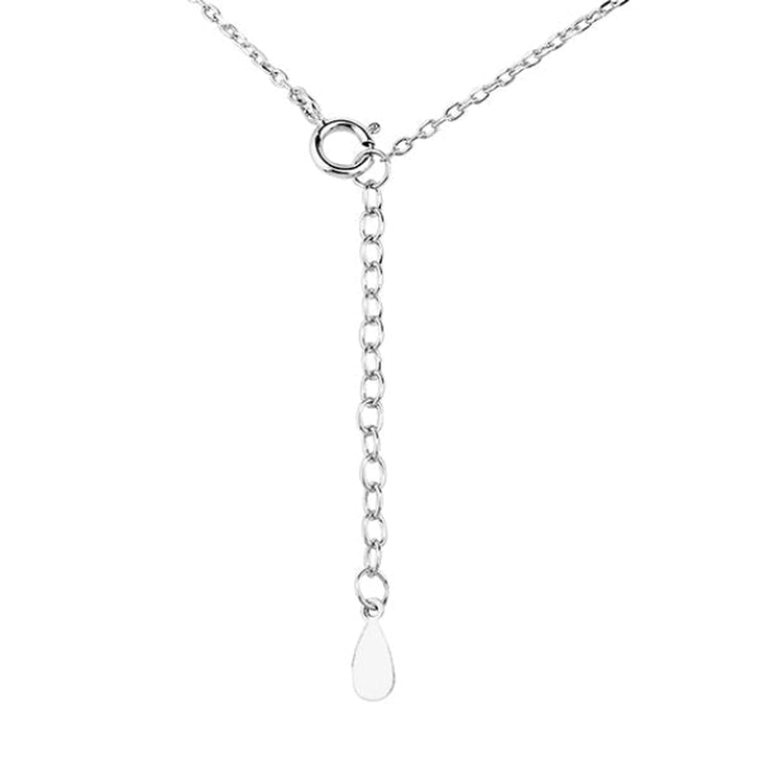 silver chain necklace with adjustable links and a small cz emerald teardrop pendant detail