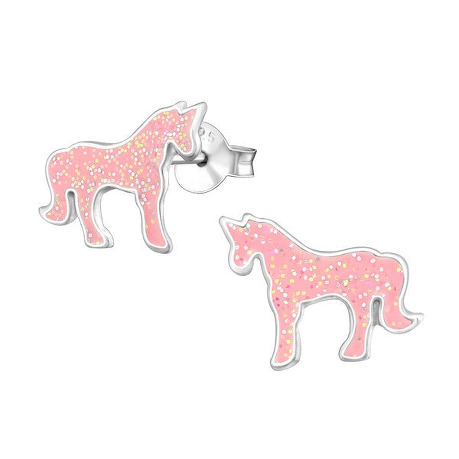 Childrens silver unicorn earrings with pink glitter enamel by Melchior Jewellery