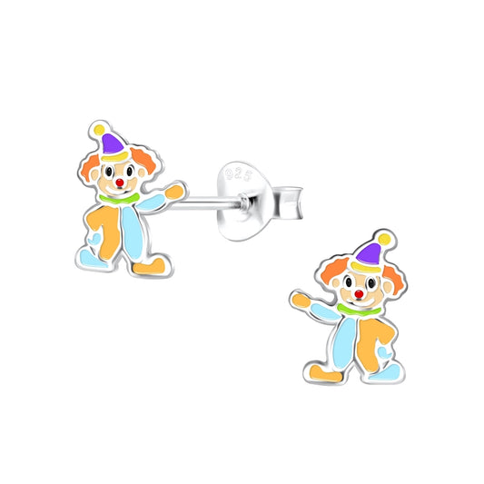 Children's sterling silver clown earrings with colourful enamel detailing by Melchior Jewellery