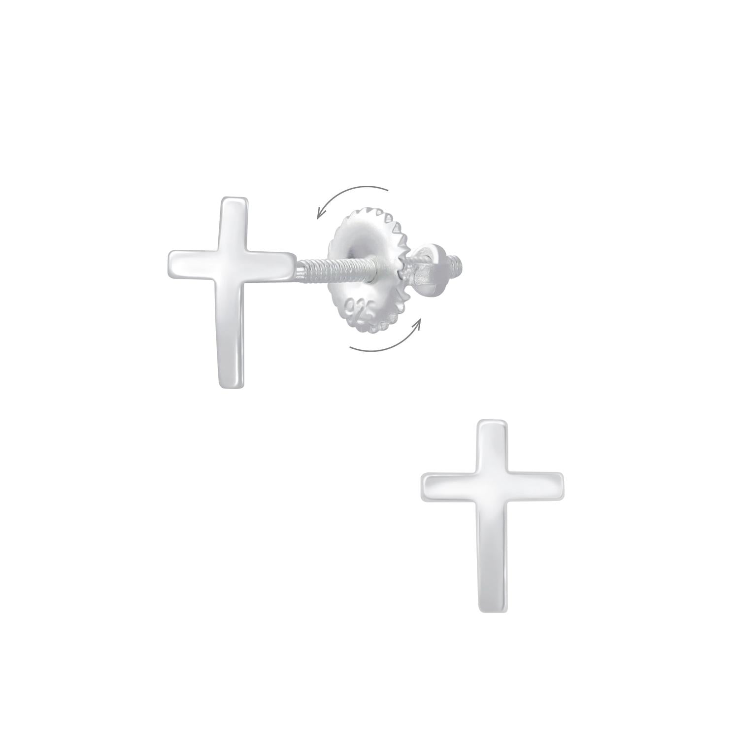 Childrens sterling silver cross earrings by Melchior Jewellery with screw back fastening for secure wear