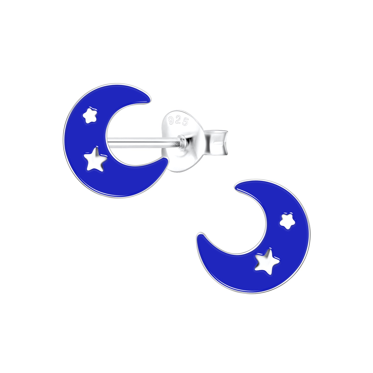 Melchior Jewellery childrens sterling silver moon stud earrings with blue enamel and star cutouts